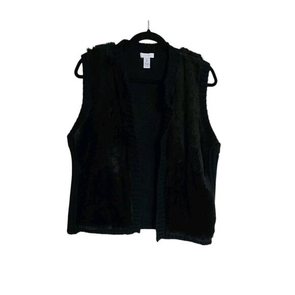 Chico's Black Faux Fur Vest Size 2 US L Sleeveless Open Front Knit Classic - Picture 1 of 7